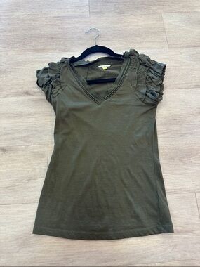 leifsdottir Olive Green V-Neck Ruffle Sleeve Tee